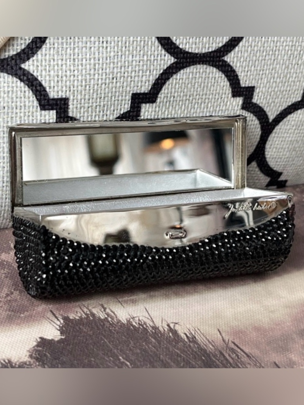 Judith Leiber🖤Black White 🤍Crystal Zebra 🦓 Print Lipstick Clutch Compact, EUC